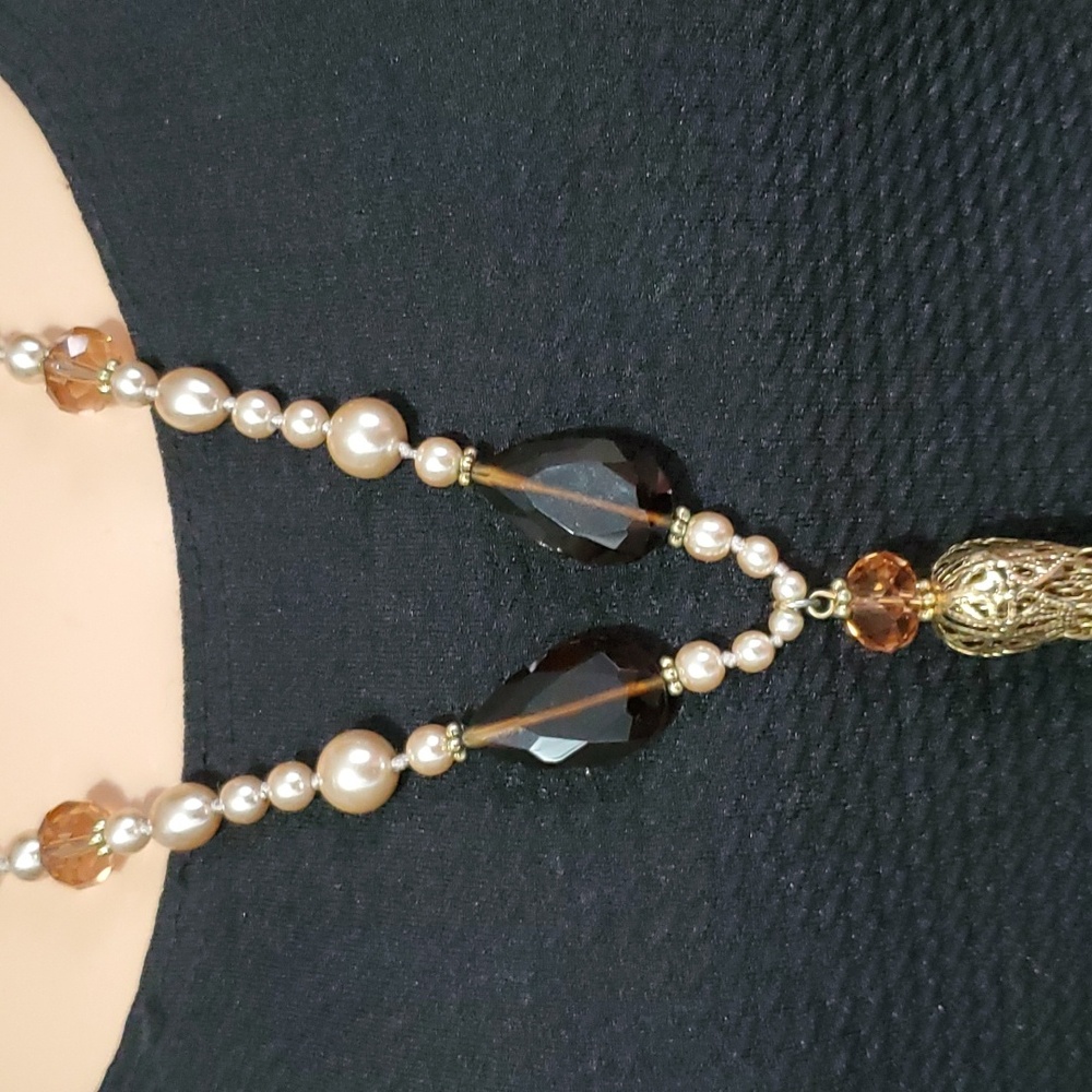 Carolee Champagne Pearls & Gold Tassel Pendant Necklace - Picture 7 of 8